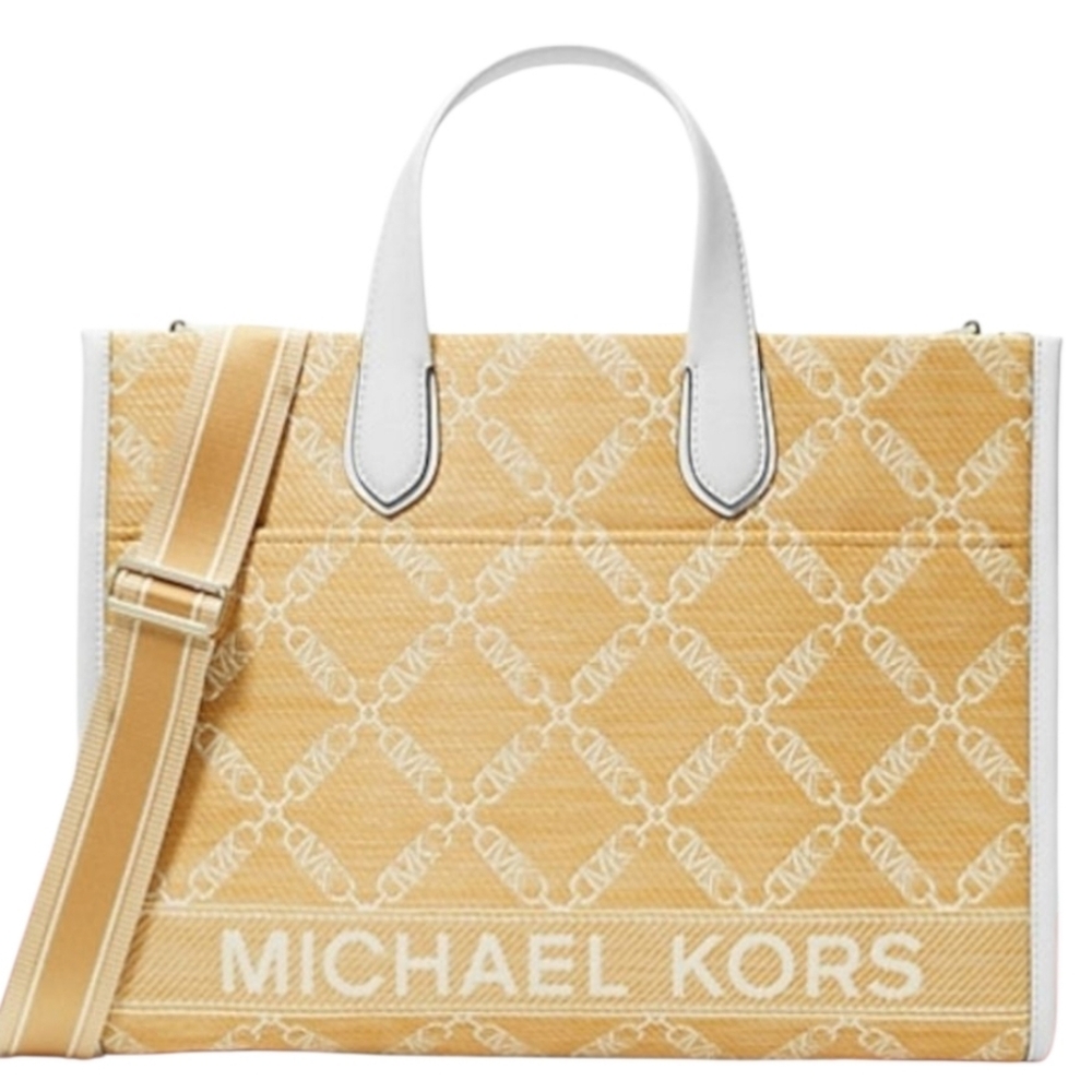 Michael Michael Kors Gigi Large Empire Jacquard Logo Tote Bag Tan